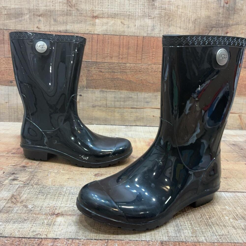UGG Rain Boots Womens Size 6 Black Rubber Mid Calf Waterproof Shearling Lined